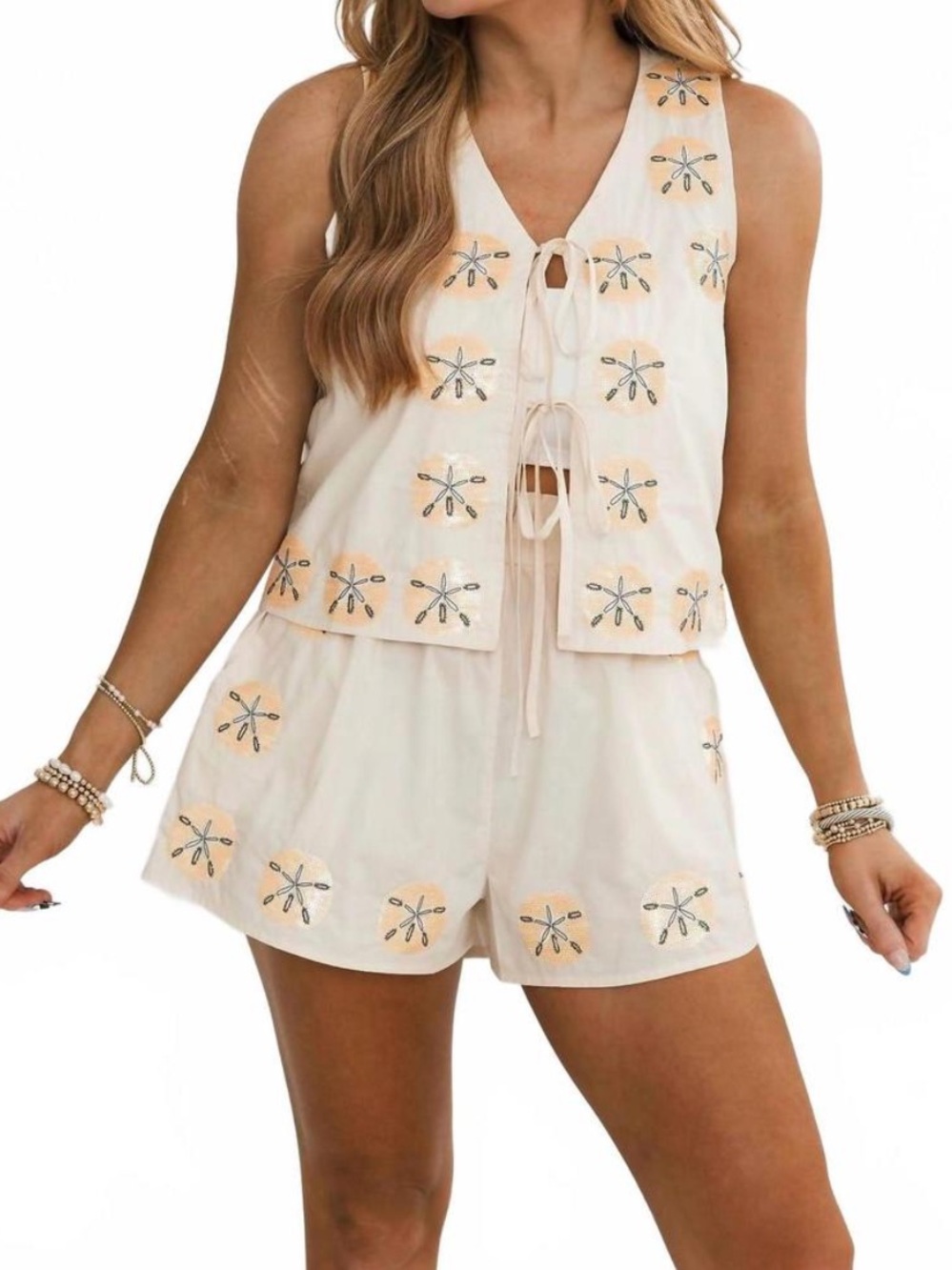 QUEEN OF SPARKLES Sequin Sand Dollar Cotton Tie Tank Top & Shorts Matching Set - Picture 3 of 10